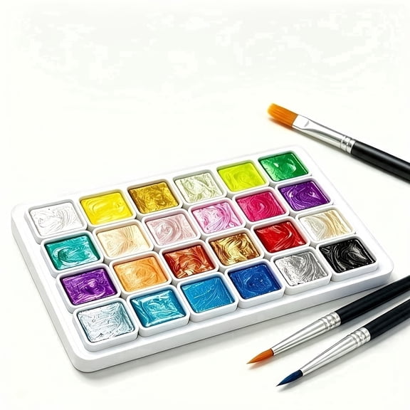 TBC 24 Colors Metallic Solid Watercolor Set, 1 Brushes & Palette Included, Professional Art PurposesArt Supplies for Painting/Travel/School, Adult Beginners & Professionals