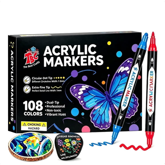 TBC The Best Craf 108-color Acrylic Paint Pen, with dual-head design (1mm fine tip and 1-5mm dot tip), suitable for permanent marking on rocks, wood, ceramics, pumpkins, and canvas paintings. For adu