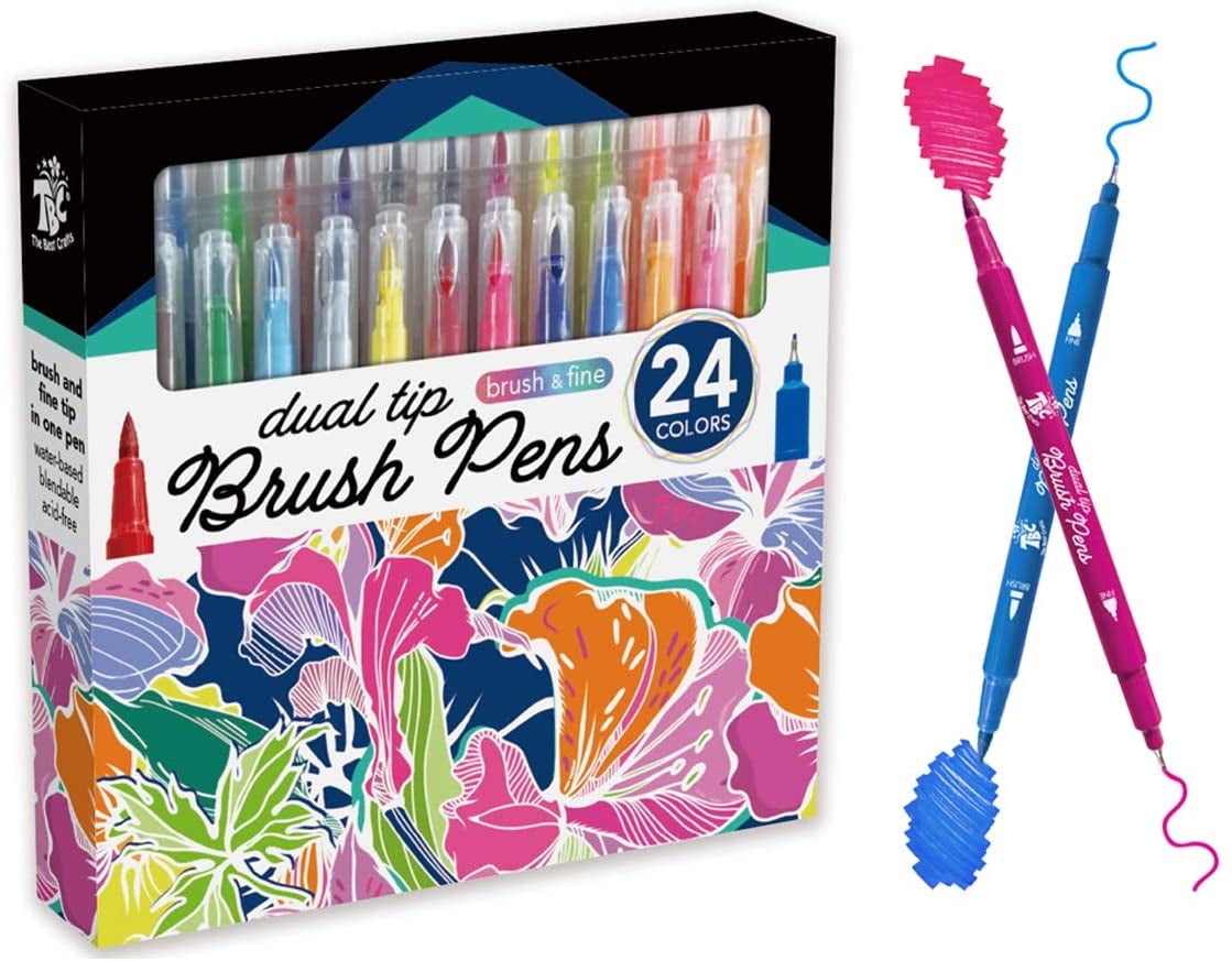 TBC The Best Crafts 24-Color Dual Tip Brush Markers, Fine Liner & Brush, Premium Art Pens for Calligraphy, Sketching & Coloring