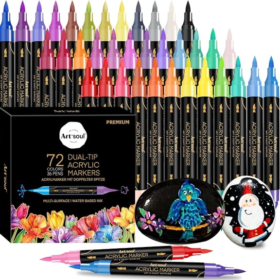 Art+soul 72 Colors Dual Tip Acrylic Paint Pens,Dual Tip Brush & Round Calligraphy Pens,Vibrant Waterproof Ink, Quick Dry Art Supplies for Rock Painting, Canvas, Glass, Ceramic, Wood, DIY Crafts