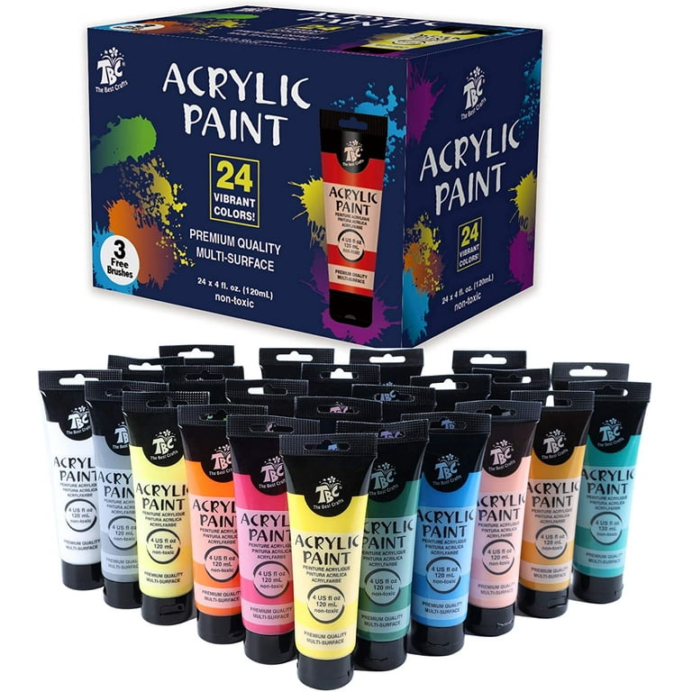 TBC The Best Crafts 24 Colors Acrylic Paint Set with 3 Bonus Brushes (120  ml/ 4 fl. oz. Tubes), Non-Toxic Premium Art Painting Kits for Kids