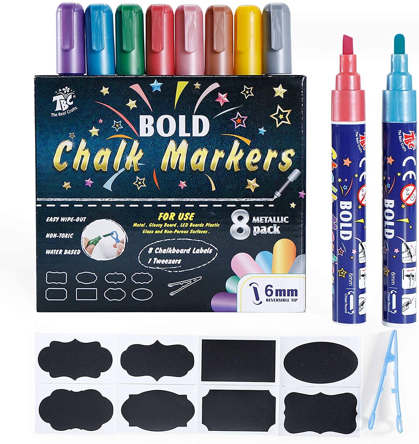 TBC The Best Crafts Chalk Marker, 8 Metallic Colors Bold Chalk Pens