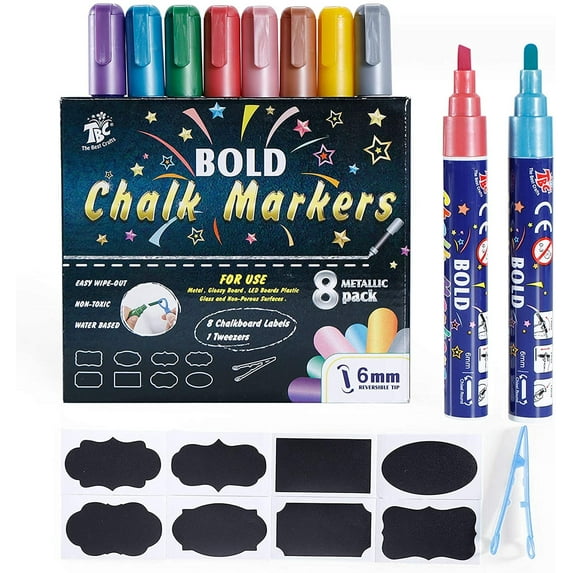 TBC The Best Crafts Chalk Marker, 8 Metallic Colors Bold Chalk Pens, Dual Tip Liquid Chalk Pens