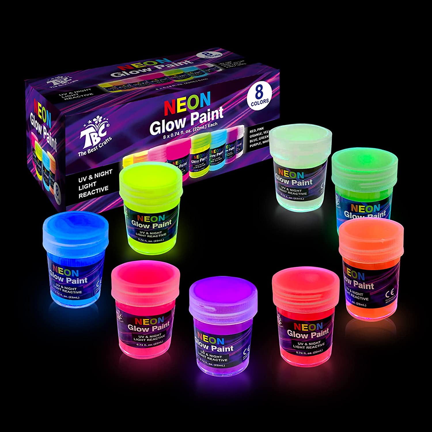 8x UV NEON fabric paint  Vibrant colors for ultra cool clothes, glowing in  black light 