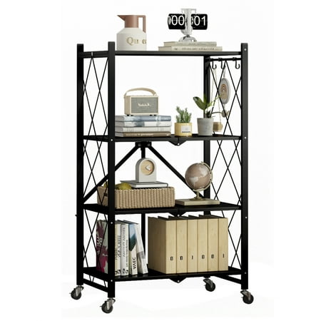 SUGIFT 4-Tier Foldable Metal Storage Shelf with Wheels, No Assembly, Heavy-Duty Organizer (600 lbs), Black