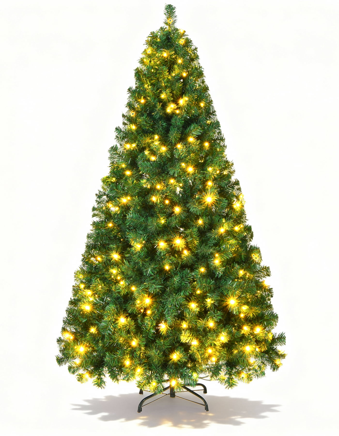 Fenbeli 6FT Pre-Lit Christmas Tree with 250 Warm LED Lights, 1060 PVC Tips, Hinged Full Tree with Metal Stand, Foldable Base, Easy Assembly, Green Artificial Xmas Tree for Home & Outdoor