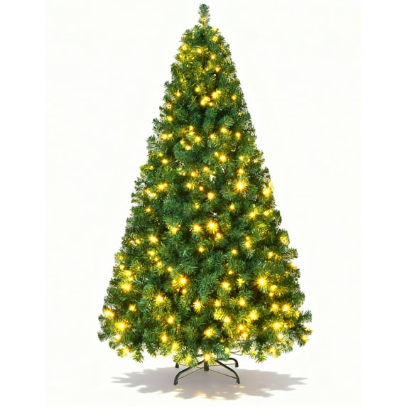 Fenbeli 6FT Pre-Lit Christmas Tree with 250 Warm LED Lights, 1060 PVC Tips, Hinged Full Tree with Metal Stand, Foldable Base, Easy Assembly, Green Artificial Xmas Tree for Home & Outdoor