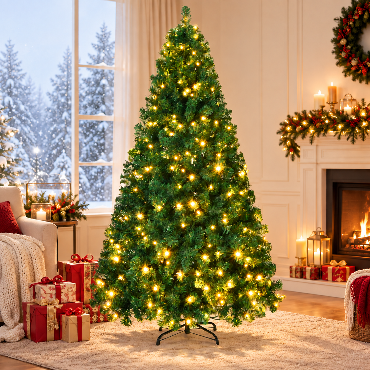 Fenbeli 6ft Pre-Lit Artificial Christmas Tree, 250 Warm White LED Lights, 1,000 PVC Branch Tips, Full Hinged Design with Foldable Metal Stand, Easy Assembly for Indoor & Outdoor Holiday Decor, Green