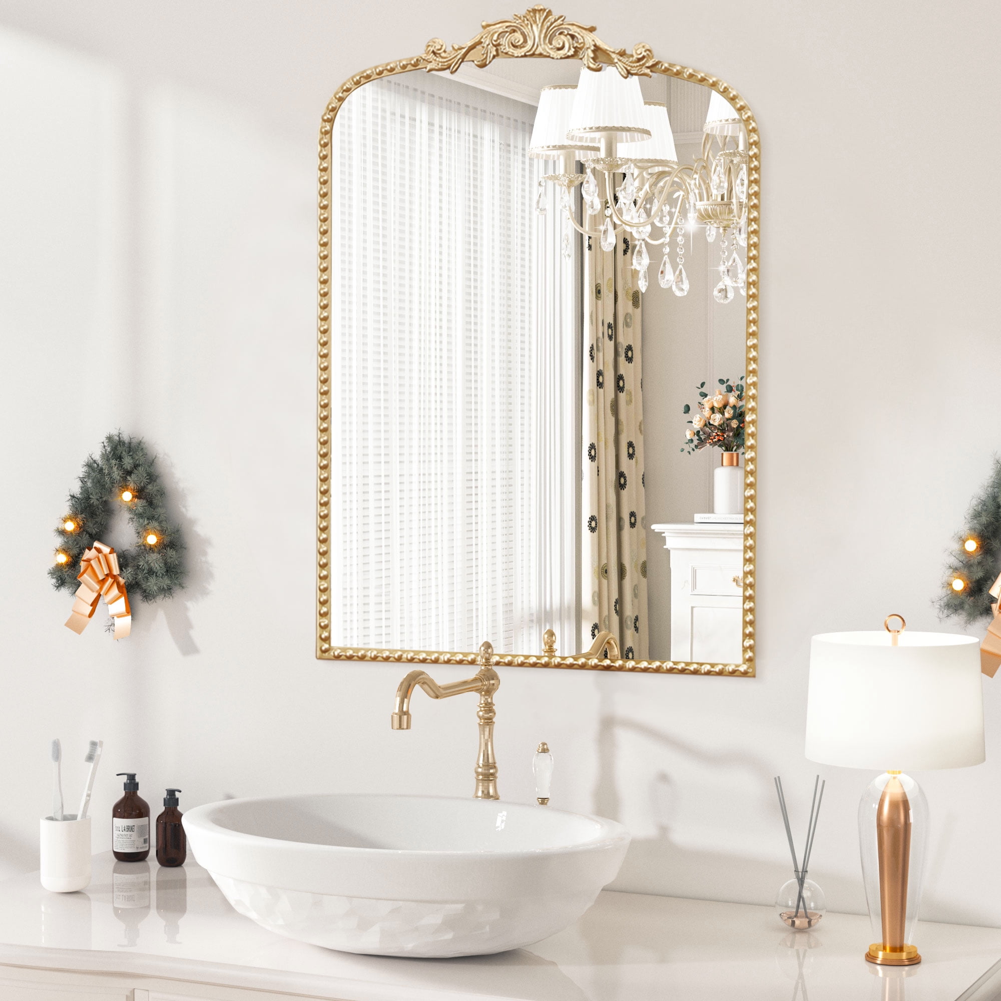 Antique Gold Arched Wall Mirror with Beaded Frame, 20"x30"