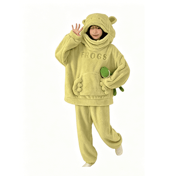 TBKOMH Animal Pajama Set Hooded Top and Pants Plush Frog Costume Long Sleeve Two Piece Loungewear for Adult Cozy Flannel Sleepwear with Zip Face Hood Green L