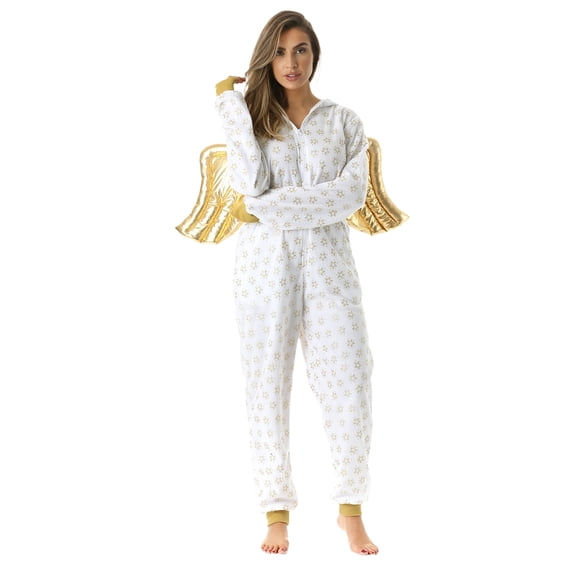 TBKOMH Christmas Onesie Hooded Pajama Plush Jumpsuit Candy Cane Print Costume Long Sleeve Full Body One Piece Loungewear for Adult Cozy Flannel Holiday Sleep White L