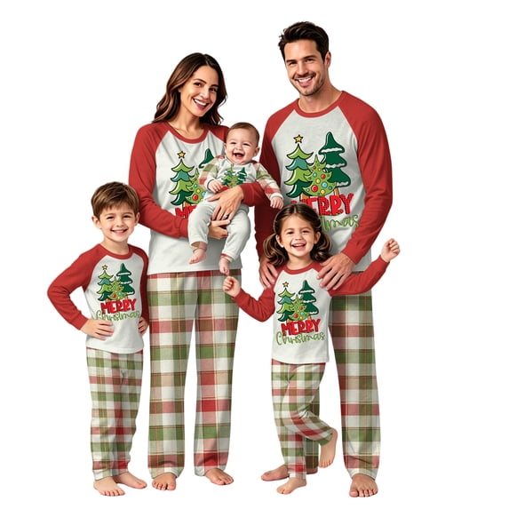 TBKOMH Christmas Sleepwear Family Matching Pajamas Sets Tree Print Holiday Loungewear Long Sleeve Crew Neck Sleepwear Festive Plaid PJs for Xmas Party Winter
