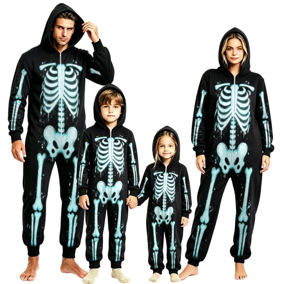 TBKOMH Family Matching Halloween Costume Skeleton Onesie Zip Up Hooded Jumpsuit Long Sleeve One Piece Loungewear for Couples Adults Spooky Party Outfit