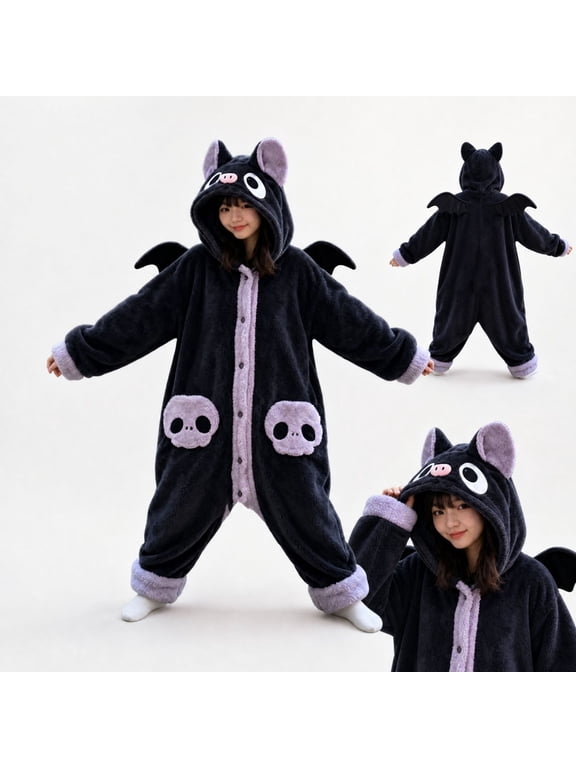 Halloween Bat Onesie Hooded Pajama Plush Jumpsuit Bat Costume Long Sleeve Full Body One Piece Loungewear with Wings Skull Pocket for Adult Cozy Flanne Purple M
