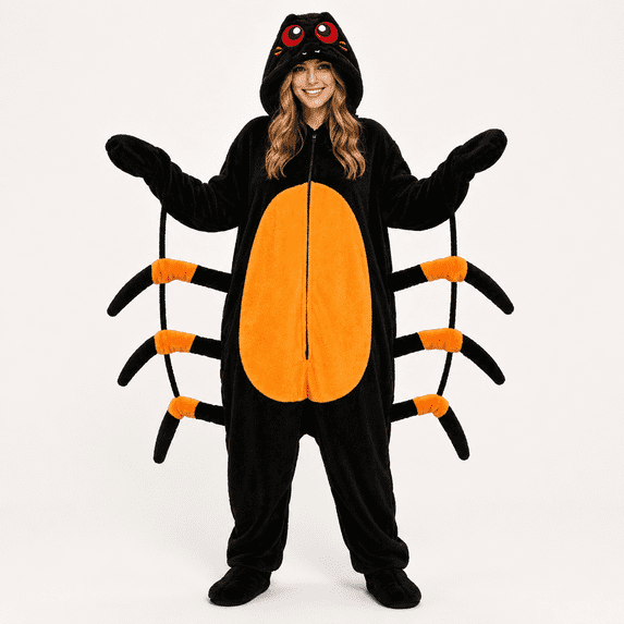 TBKOMH Halloween Onesie Hooded Pajama Plush Jumpsuit Insect Costume Long Sleeve Full Body One Piece Loungewear with Legs for Adult Cozy Flannel Cosplay Black L