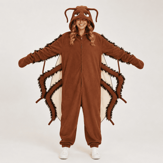 TBKOMH Halloween Onesie Hooded Pajama Plush Jumpsuit Insect Costume Long Sleeve Full Body One Piece Loungewear with Legs for Adult Cozy Flannel Cosplay Brown L