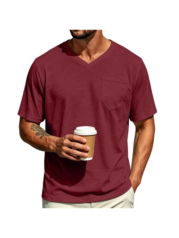 Mens Shirts V-Neck Short Sleeve Pocket T-Shirts Lightweight Breathable Soft Comfortable Casual Summer Tops Everyday Outdoor Loose Pullover Apparel Activewear Soft Comfort Clothing Top Wine XXL