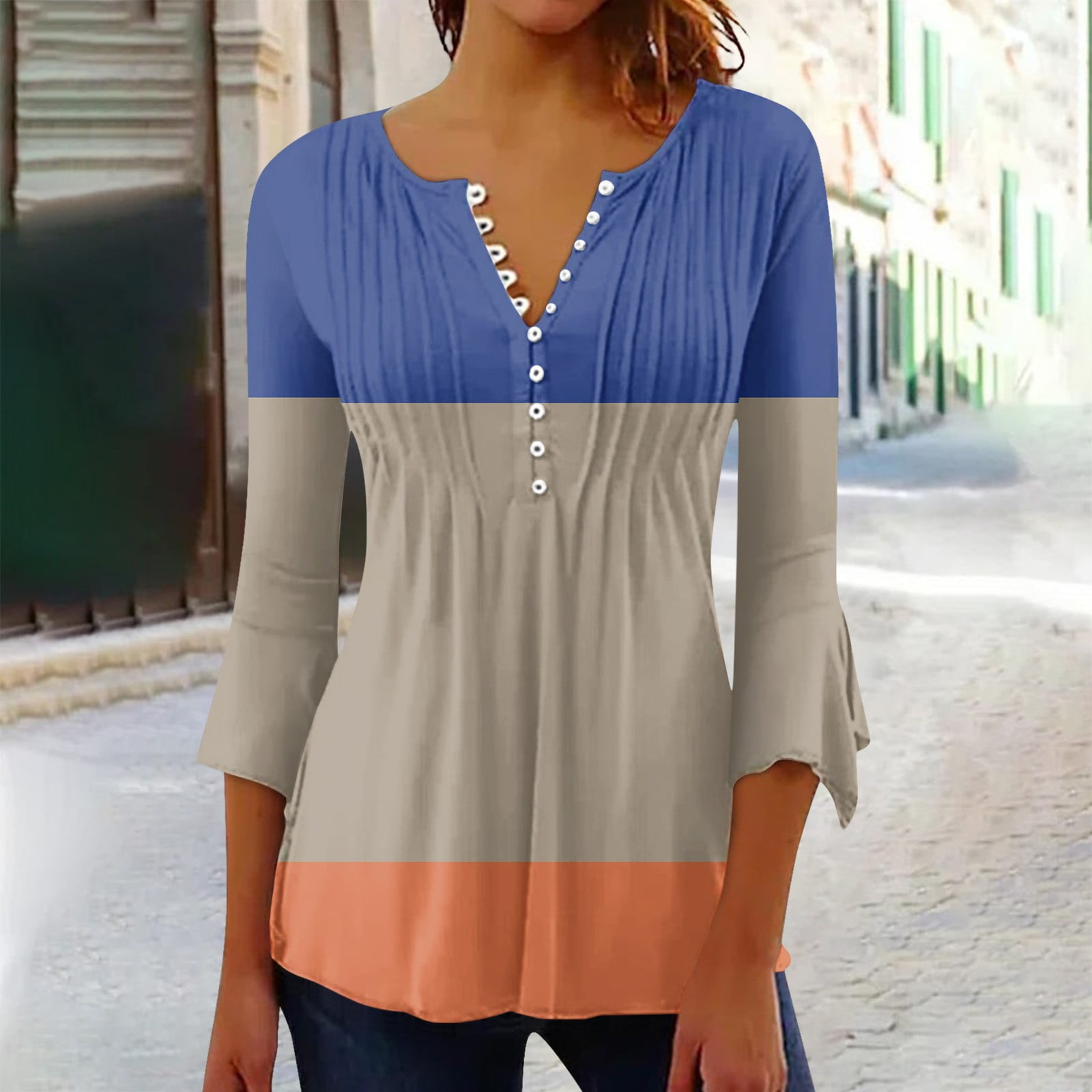 TBKOMH Shirts for Women Fashion Shirts for Women Casual 3/4 Sleeve VNeck Color Block Loose Fit