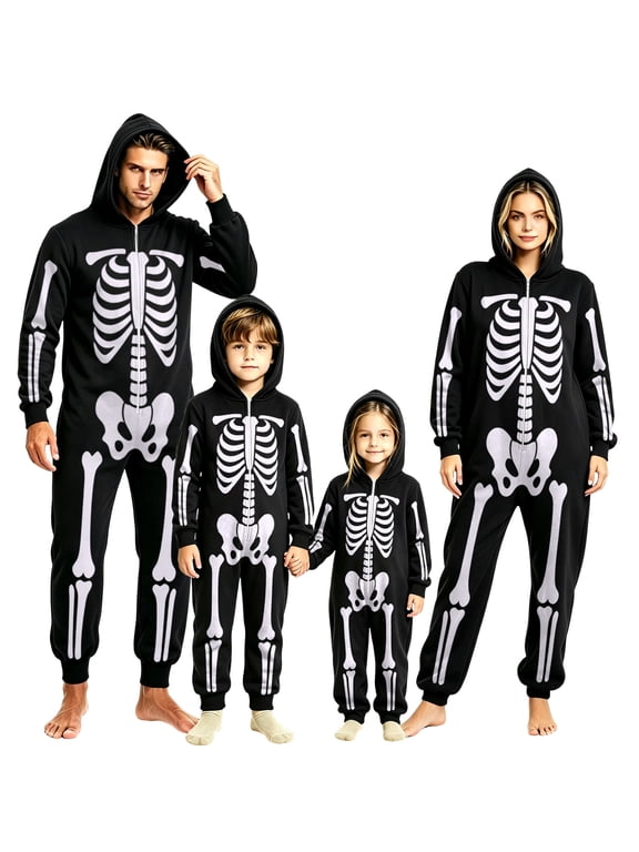 Skeleton Costume Family Matching Halloween Onesie Zip Up Hooded Jumpsuit Long Sleeve One Piece for Men Women Adults Spooky Party Outfit Loungewear