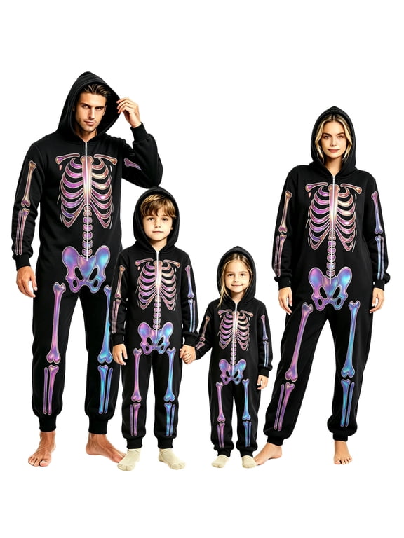 Skeleton Halloween Costume Family Matching Onesie Zip Up Hooded Jumpsuit Long Sleeve One Piece Loungewear for Men Women Adults Spooky Party Outfit