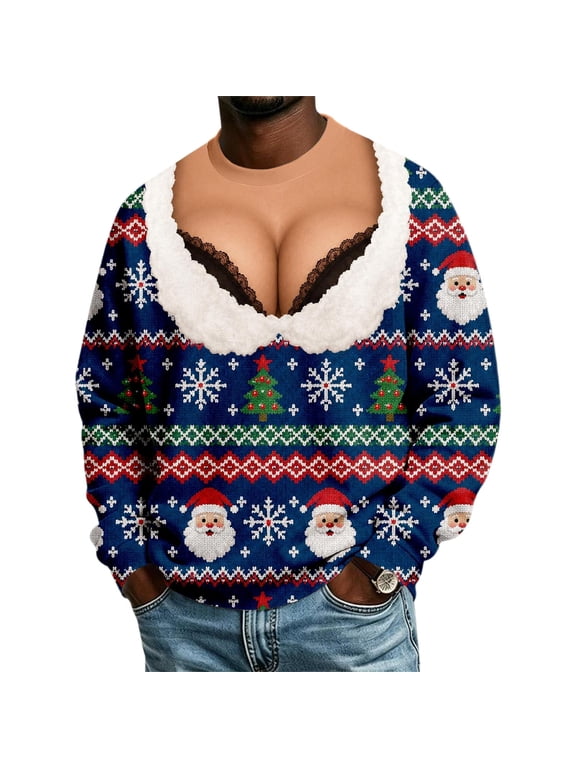 Ugly Christmas Sweatshirt 3D Printed Fake Deep V Cleavage Fair Isle Bra Funny Novelty Pullover Men Women Long Sleeve Crew Neck Holiday Party Gift Top L