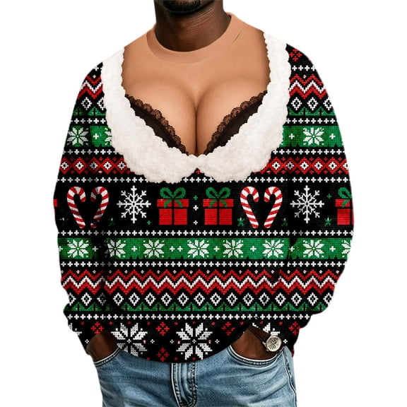 TBKOMH Ugly Christmas Sweatshirt 3D Printed Fake Deep V Cleavage Fair Isle Bra Funny Novelty Pullover Men Women Long Sleeve Crew Neck Holiday Party Gift Top L