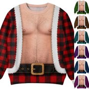 TBKOMH Ugly Christmas Sweatshirt 3D Printed Santa Chest Hair Plaid Shirt Humorous Novelty Pullover Men Long Sleeve Crew Neck Winter Party Costume Top S