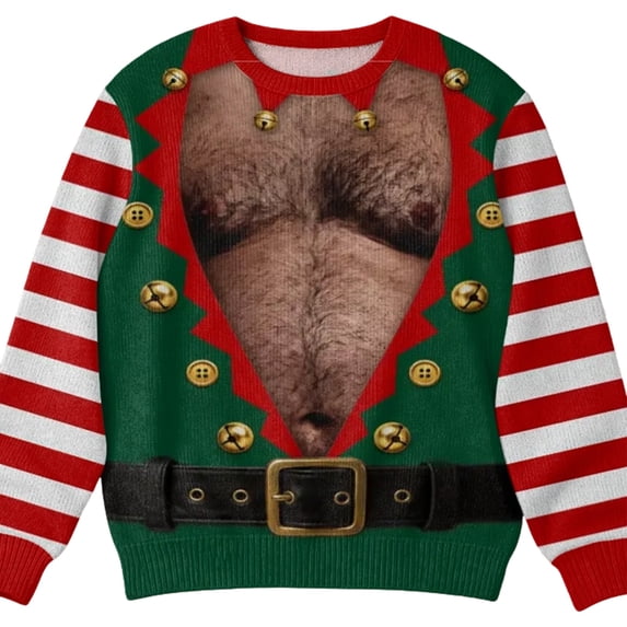 TBKOMH Ugly Christmas Sweatshirt 3D Santa Hairy Chest Plaid Logger Hilarious Novelty Pullover Men Long Sleeve Crew Neck Xmas Party Outfit Present Top S
