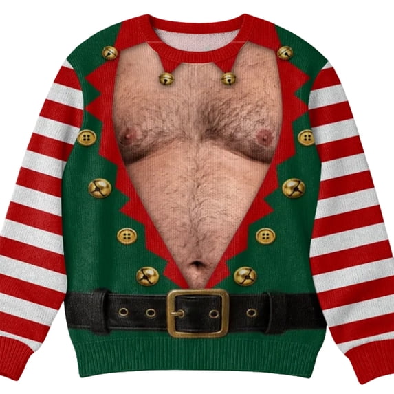 TBKOMH Ugly Christmas Sweatshirt 3D Santa Hairy Chest Plaid Logger Hilarious Novelty Pullover Men Long Sleeve Crew Neck Xmas Party Outfit Present Top L