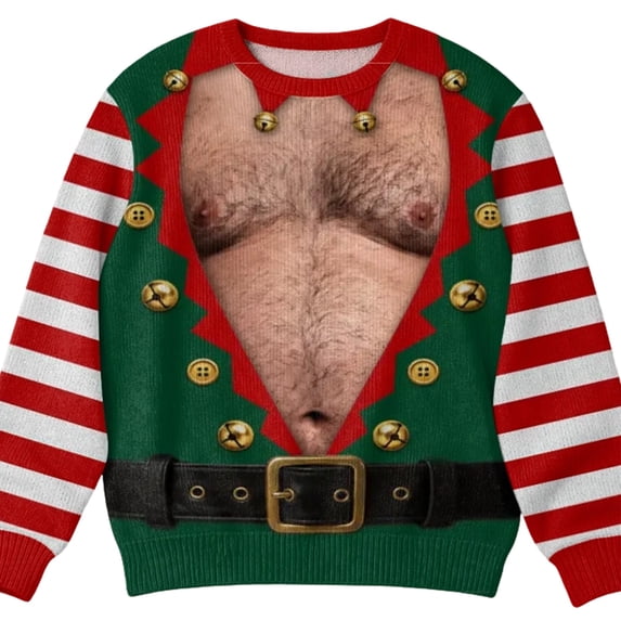 TBKOMH Ugly Christmas Sweatshirt 3D Santa Hairy Chest Plaid Logger Hilarious Novelty Pullover Men Long Sleeve Crew Neck Xmas Party Outfit Present Top S