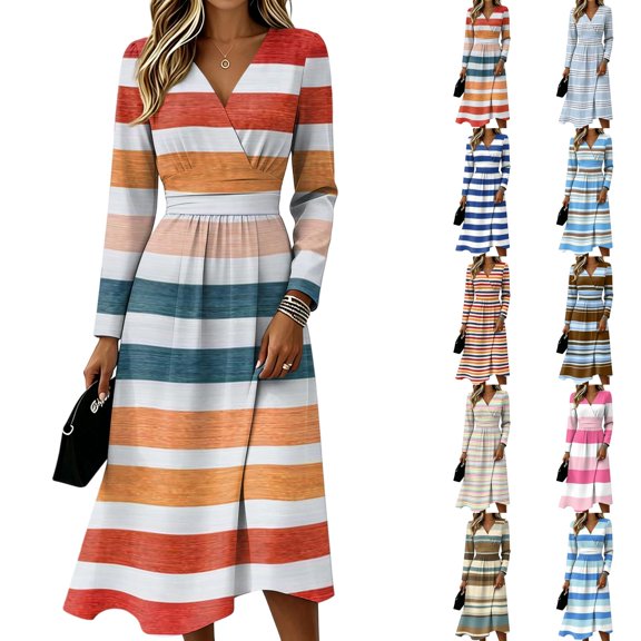TBKOMH Women's Striped Casual Long Sleeve V-Neck Dress with Pockets - Elegant Fall Wedding Guest Dress, Formal Long Sleeve Dress, Casual Daily Work Dresses, Dark Blue, L