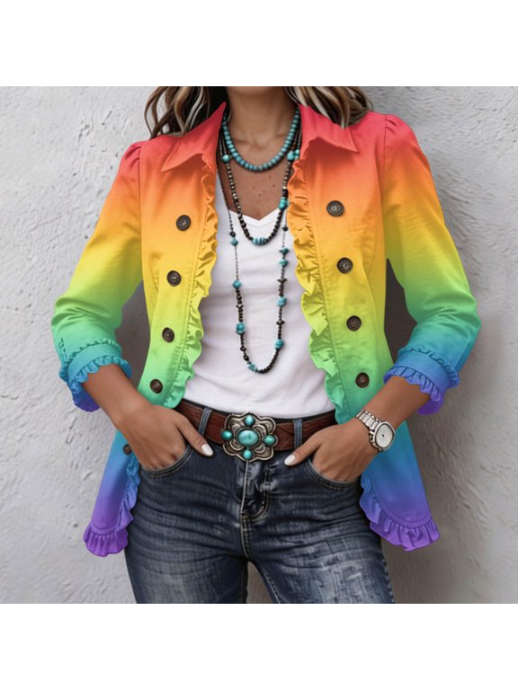 Womens Pastel Cardigan Ruffle Trim Pink Mint Gradient Collared Button Long Sleeve Double Breasted Blazer Open Front Jacket Lightweight Outwear Sweet Dreamy Spring Outwear Top