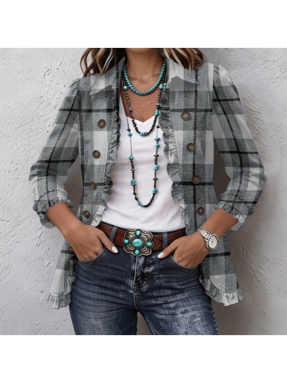 Womens Plaid Blazer Ruffle Trim Light Check Collared Shirt Coat Long Sleeve Double Breasted Open Front Jacket Lightweight Spring Outwear Comfy Top Comfy Casual Spring Layering Top