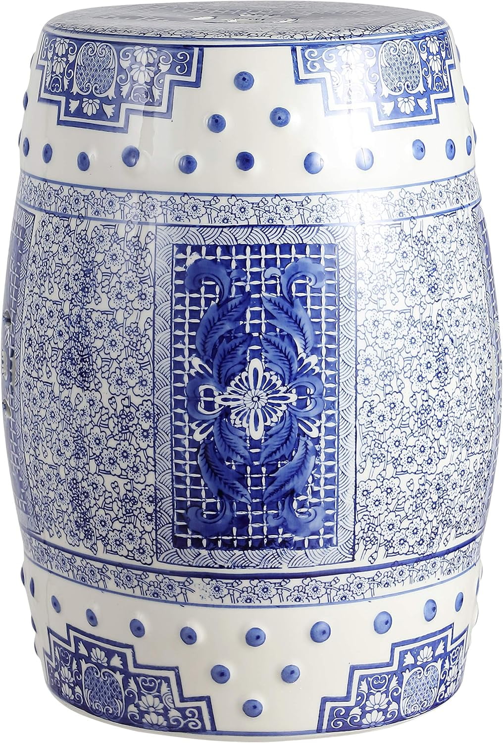 Chinoiserie Blue & White Acanthus Ceramic Garden Stool 17"x23"