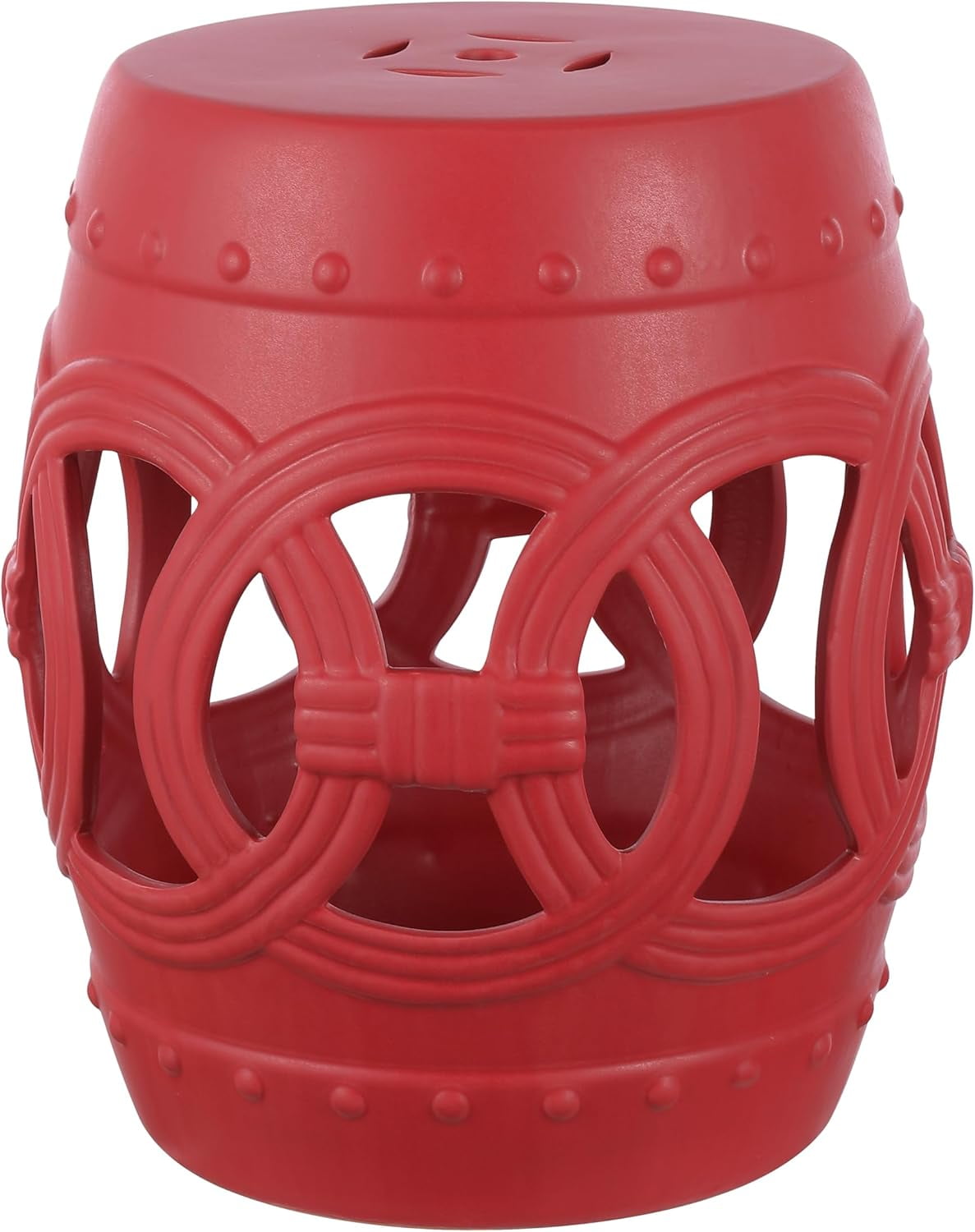 Matte Red 16" Ceramic Drum Garden Stool with Lucky Coin Symbols