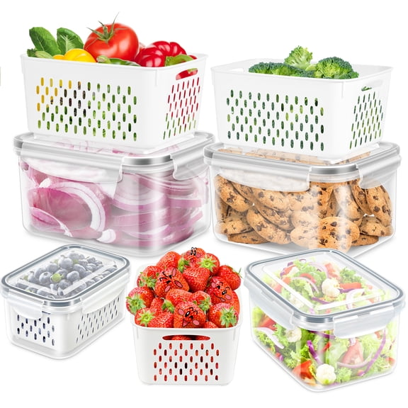 TBMAXS Fruit Storage Containers for Fridge, 4 Pack Produce Saver Vegetable Container with Drain Colanders - Refrigerator Organizer for Lettuce Keepers Berry Container
