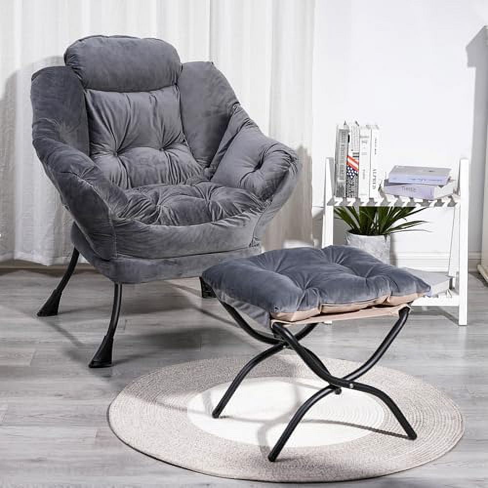 Lazy Sofa Chair With Ottoman, Upholstered Leisure Lounge Armchair With Folding Footrest, Side Storage Pocket 2 / Beige