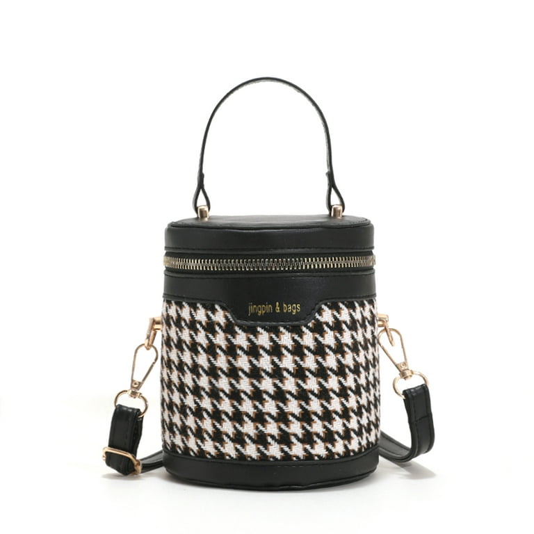 TBOLINE Unisex Adult Print Handbag Winter Mini Cylindrical Bucket Bag  (Black Houndstooth)