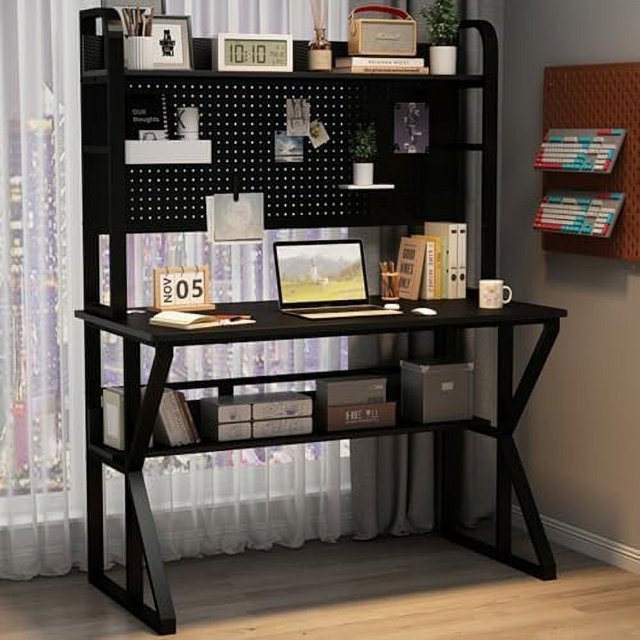 TBQXFDU Home Office Desk with Power Outlet Gaming Desk with Pegboard Large PC Table Computer