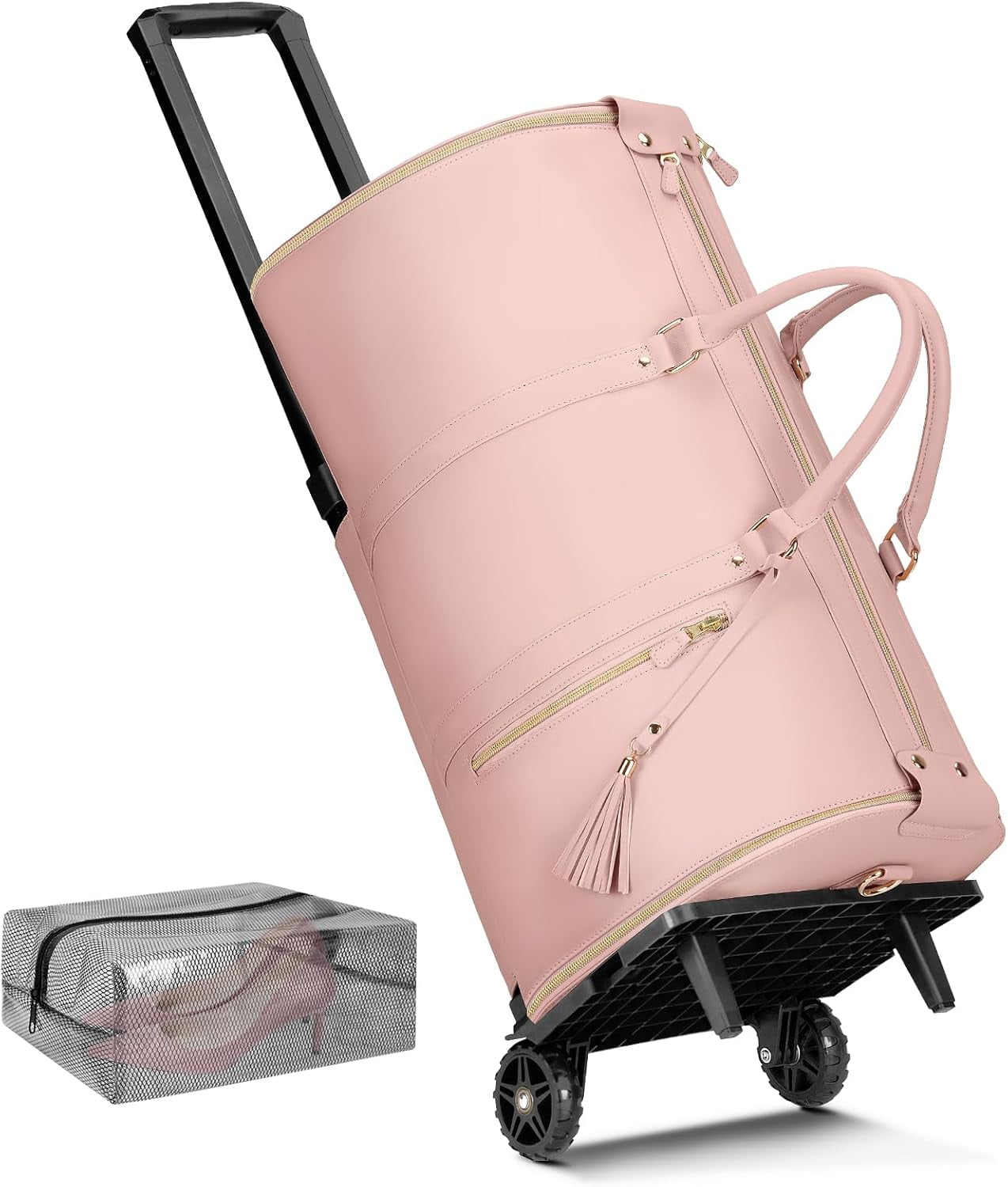 TBVBVYU Rolling Garment Bag for Travel, Convertible Carry On PU Leather 2.0 Roller Edition, 3 in 1 Suit Duffle with Wheels & Shoe Pouch for Business Wedding Overnight, Pink