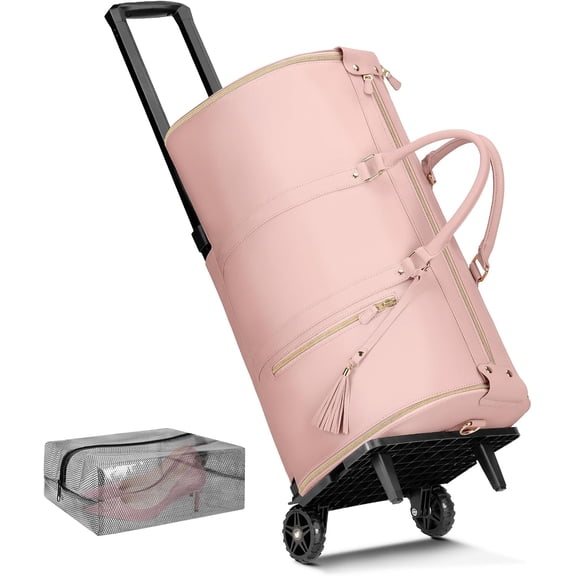 TBVBVYU Rolling Garment Bag for Travel, Convertible Carry On PU Leather 2.0 Roller Edition, 3 in 1 Suit Duffle with Wheels & Shoe Pouch for Business Wedding Overnight, Pink