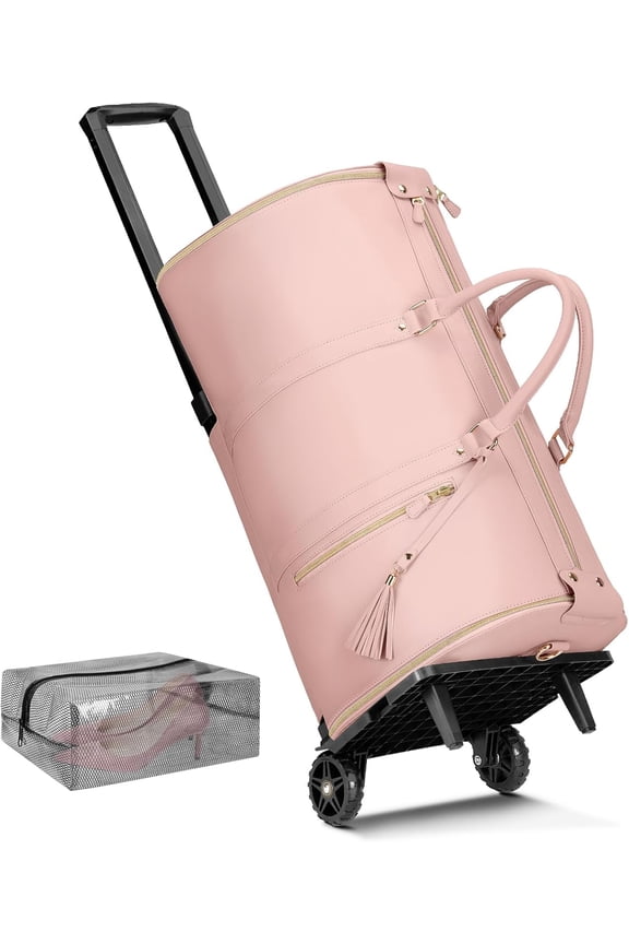Rolling Garment Bag for Travel, Convertible Carry On PU Leather 2.0 Roller Edition, 3 in 1 Suit Duffle with Wheels & Shoe Pouch for Business Wedding Overnight, Pink