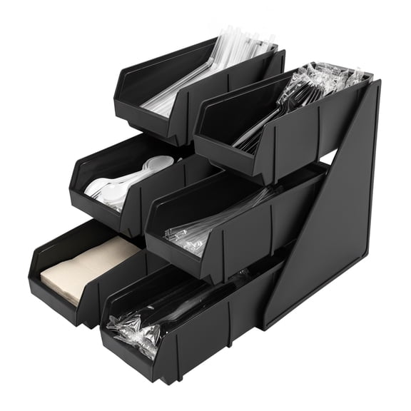 TBVECHI 6 Compartments Serve Condiment Bin 3 Tier Black Plastic Container Storage Bin Condiment Organizer for Kitchen Bar Cafe
