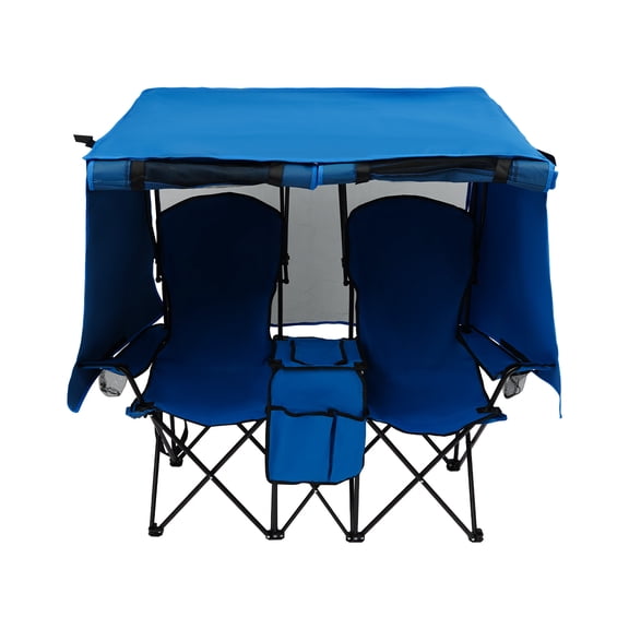 TBVECHI Double Camping Chair with Canopy Two-Person Seat Portable Outdoor Folding Camping Chair Loveseat (Blue/ Khaki)