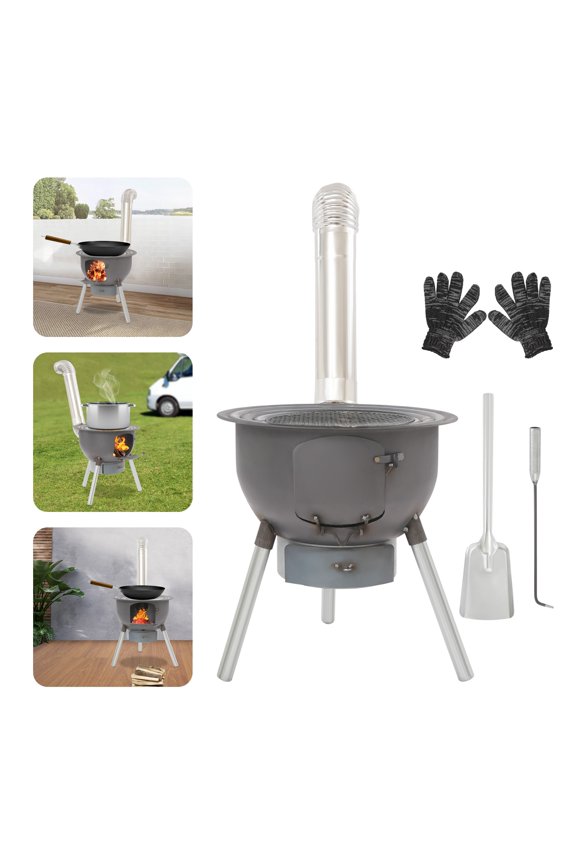 Wood Stove Camping Wood Burning Stove with Chimney Pipe Portable BBQ Stove Charcoal Grill for Outdoor/Backyard Cooking