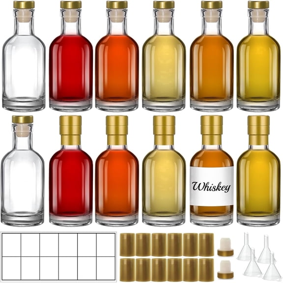 TBWIND 12 Pack 6 oz/200ml Clear Glass Bottles with T-Top Cork Stoppers, Small Refillable Bottles for Homemade Liquor, Oil, Vinegar & Gift Favors