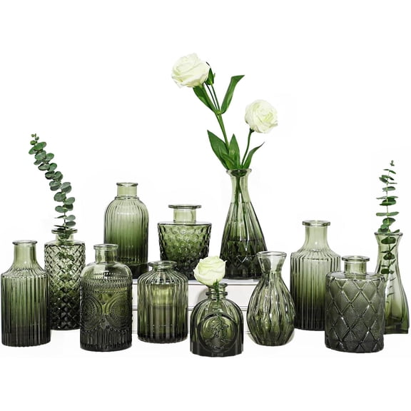 TBWIND 12pcs Green Glass Bud Vases Set, Small Vases for Flowers, Bud Vase for Centerpieces in Bulk, Mini Vintage Vase for Wedding Decorations, Office and Home Decor