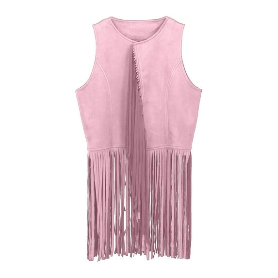 TBWNWG 60s 70s Western Cowboy Cow Girl Vest Outfits Hippie Set Kids Girls Fringe Tassel Vest Party (Pink,11-12 Years)