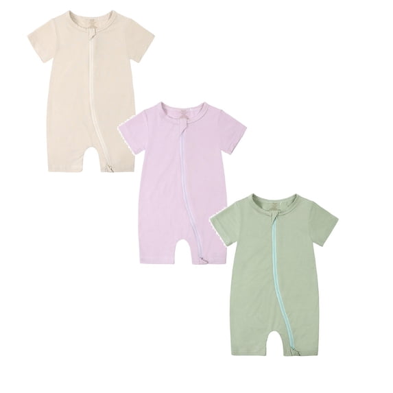 TBWNWG Baby Bamboo Summer Short Sleeve Footless Rompers,Baby Pajamas,2 Way Zipper Sleeper,3 Pack,Sizes 12-18 Months