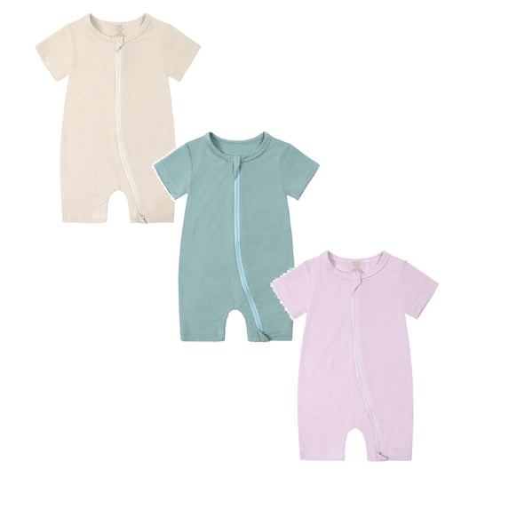 TBWNWG Baby Bamboo Summer Short Sleeve Footless Rompers,Baby Pajamas,2 Way Zipper Sleeper,3 Pack,Sizes 3-6 Months